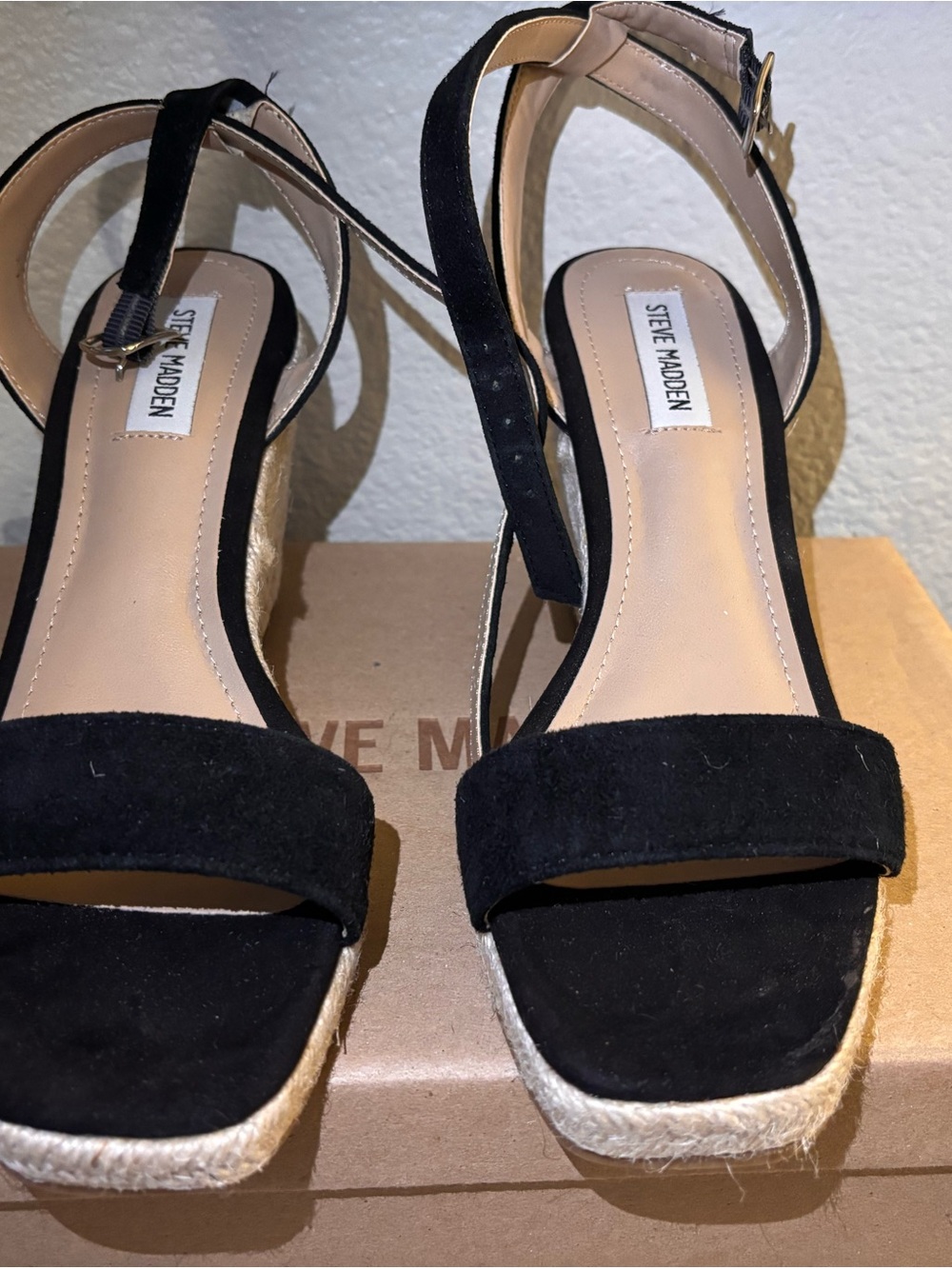 Steve Madden Black Suede Espadrille Wedge Sandals with Ankle Strap
